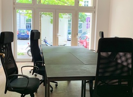 Art Nouveau office with terrace, kitchen, workspaces, meeting room